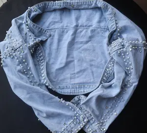 Embroidered Handmade Pearl Studded Cropped Jean Jacket
