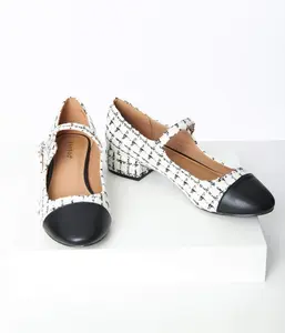 White & Black Window Pane Plaid Tweed Mary Jane Heels