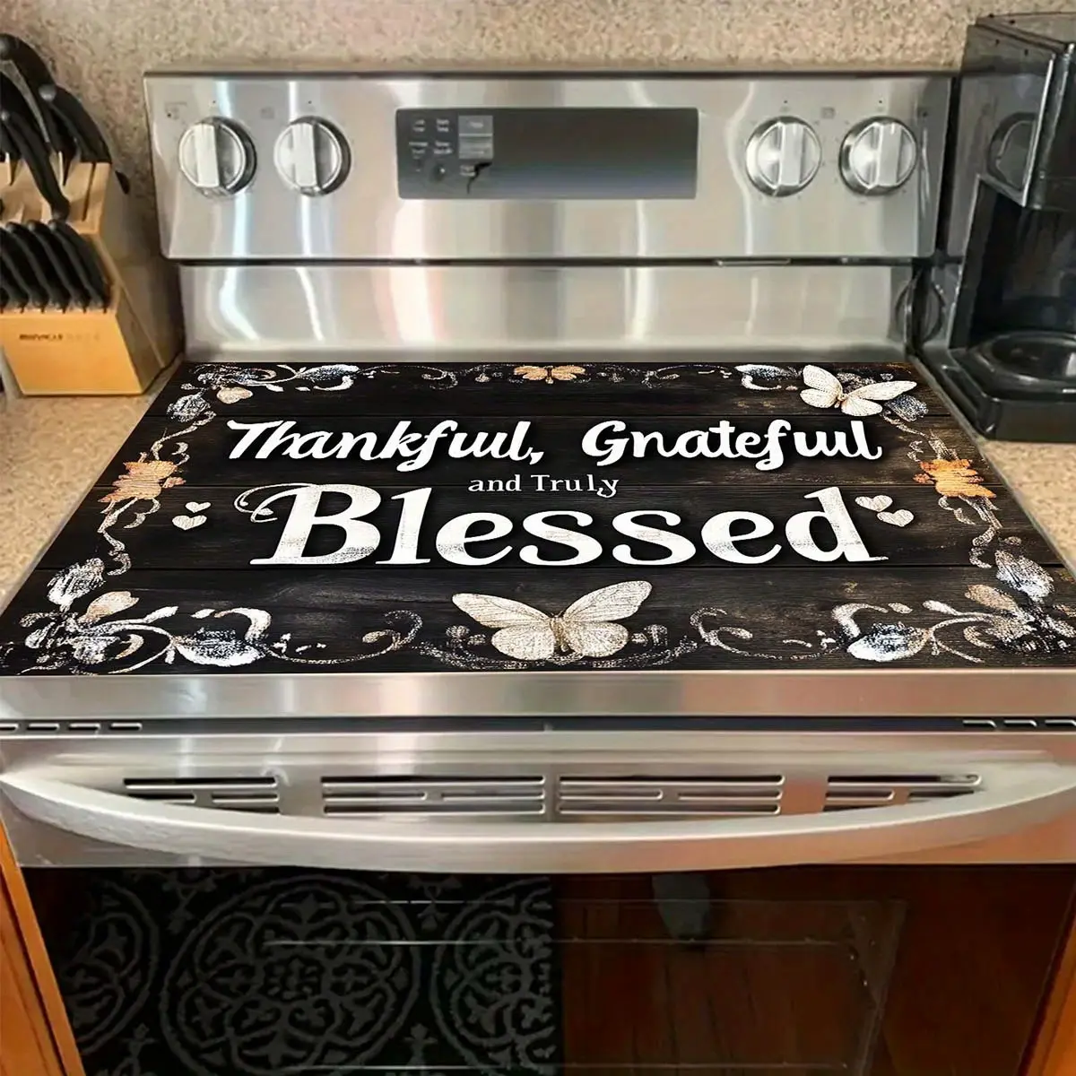 Butterfly & Flower Stove Cover Mat, “Grateful Grateful Blessed” Design, Heat Resistant Linen Kitchen Protector, Easy Clean Reusable Stove Top Cover, Farmhouse Kitchen Decor, 11.8 x 17.7 Inch