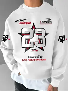 Men's Fall Winter Chicago Speed Wind Digital 23 Round Neck Long Sleeve Sweatshirt Tops, Casual Streetwear Sporty, Comfortable and Stylish, Fitted H Type