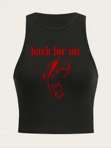 Women's Bark for Me Wolf Pattern Short Tank Top, Y2K Street Style Sleeveless Gothic Shirt, Casual Letter Print Vest Womenswear