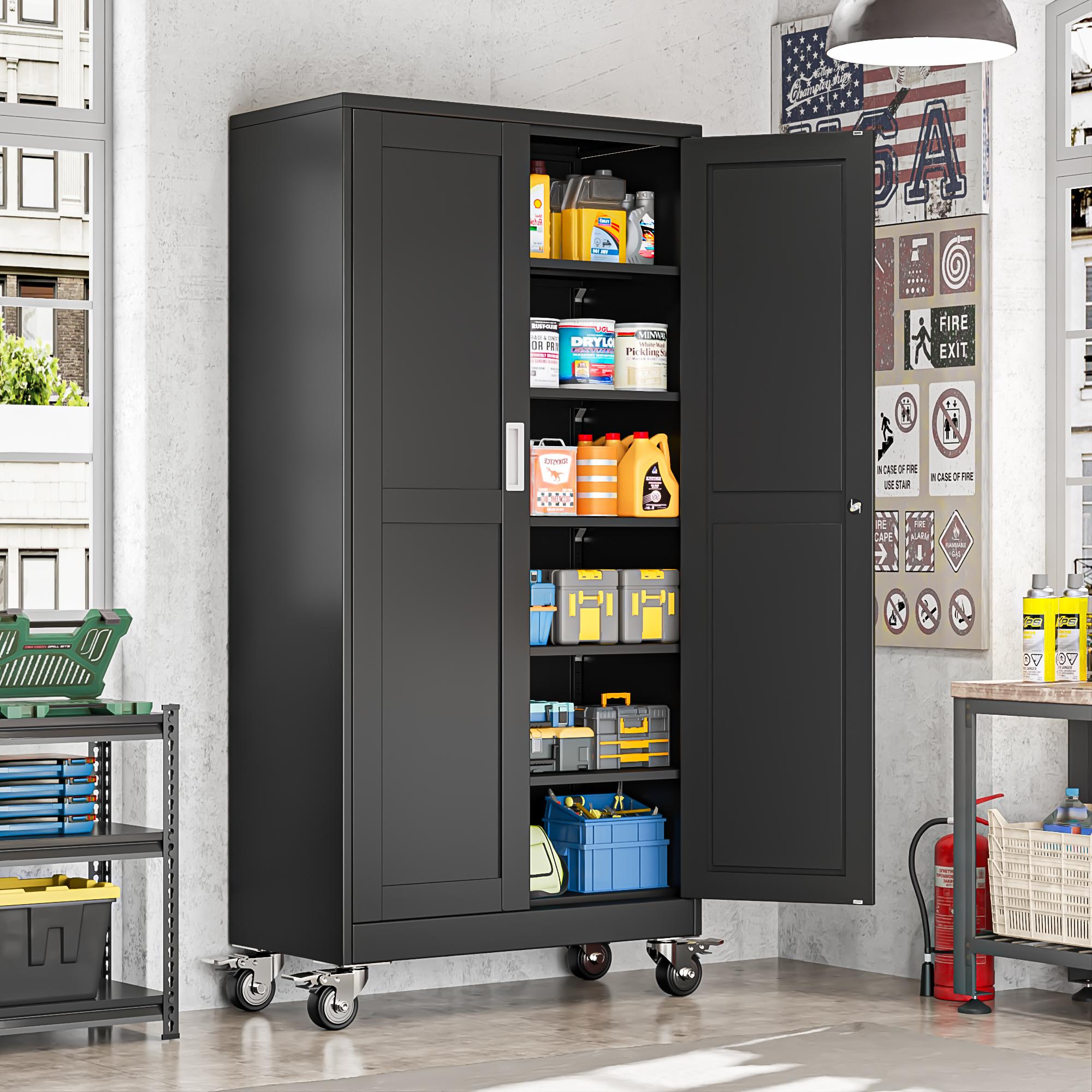 Heavy-Duty Metal Storage Cabinet with Wheels, 2-Door Steel File Cabinet with 5 Adjustable Shelves for Garage, Home Office & Warehouse Heavy-Duty Metal Storage Cabinet with Wheels, 2-Door Steel File Cabinet with 5 Adjustable Shelves for Garage, Home Office & Warehouse
