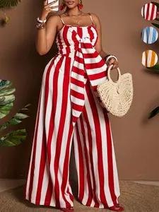 Plus Size Women's Striped Jumpsuit, Overalls, Loose Fit Twist Tank Pants, European Style Casual Hot Girl Romper, Summer, Beach Vacation, Party, Streetwear