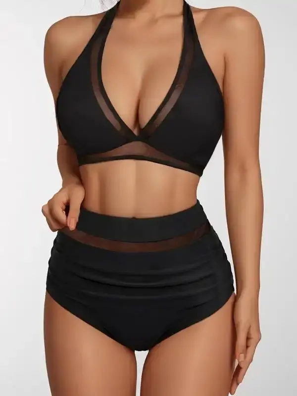 Women's Sheer Mesh Bikini Set, Halter Bikini Top & High Waist Knicker Swimsuit Set, Swimsuit for Women, Bathing Suits for Women Summer Swimwear, Minimalistic Color Bikini, Korean Swimming Suit, Bikinis Sets, Bikini Top Trunks Combo