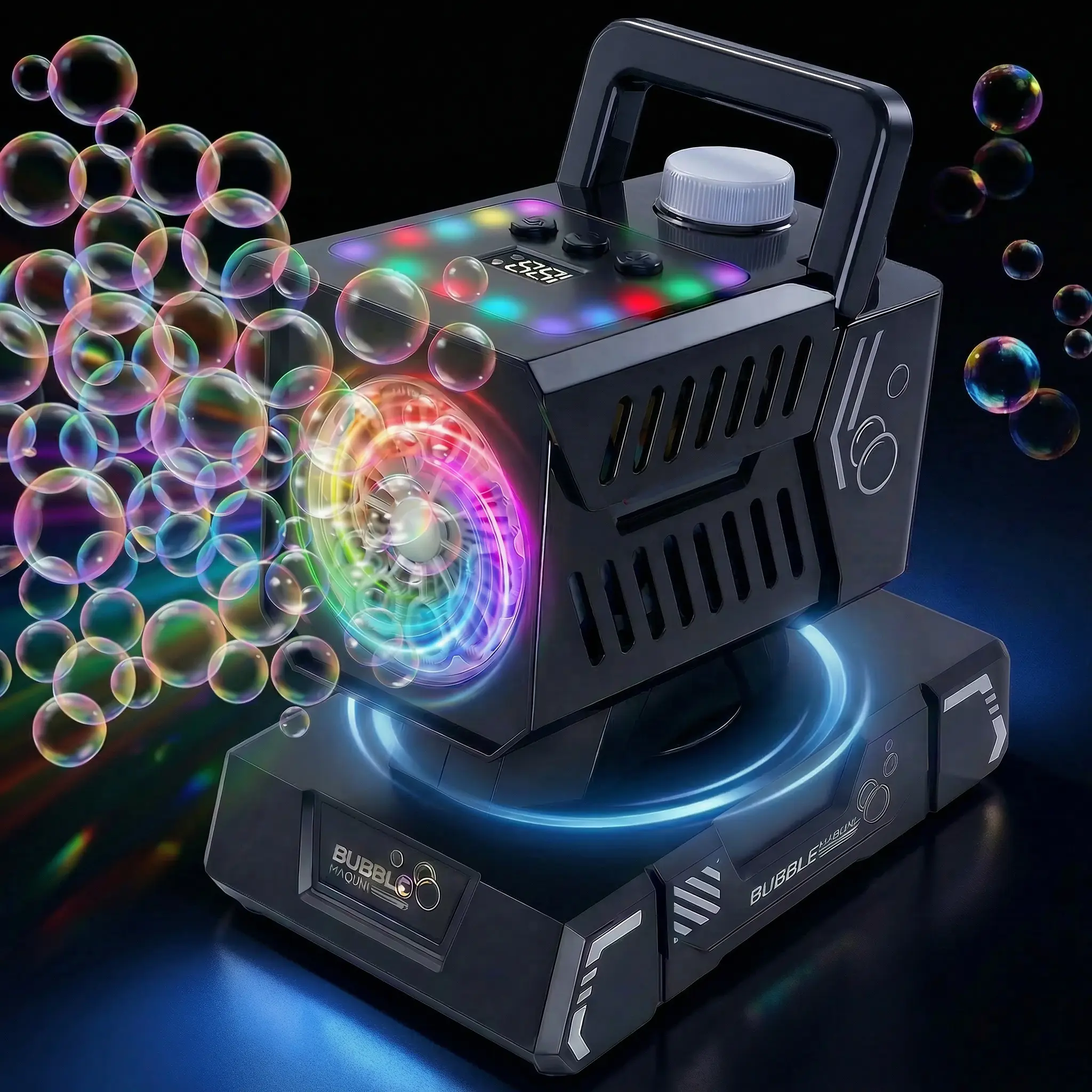 Fikomash Rechargeable Rotating Bubble Machine, Classic Party Black, 20,000+ Bubbles/min, RGB 10 Light Modes, 30M Remote, Portable Handle