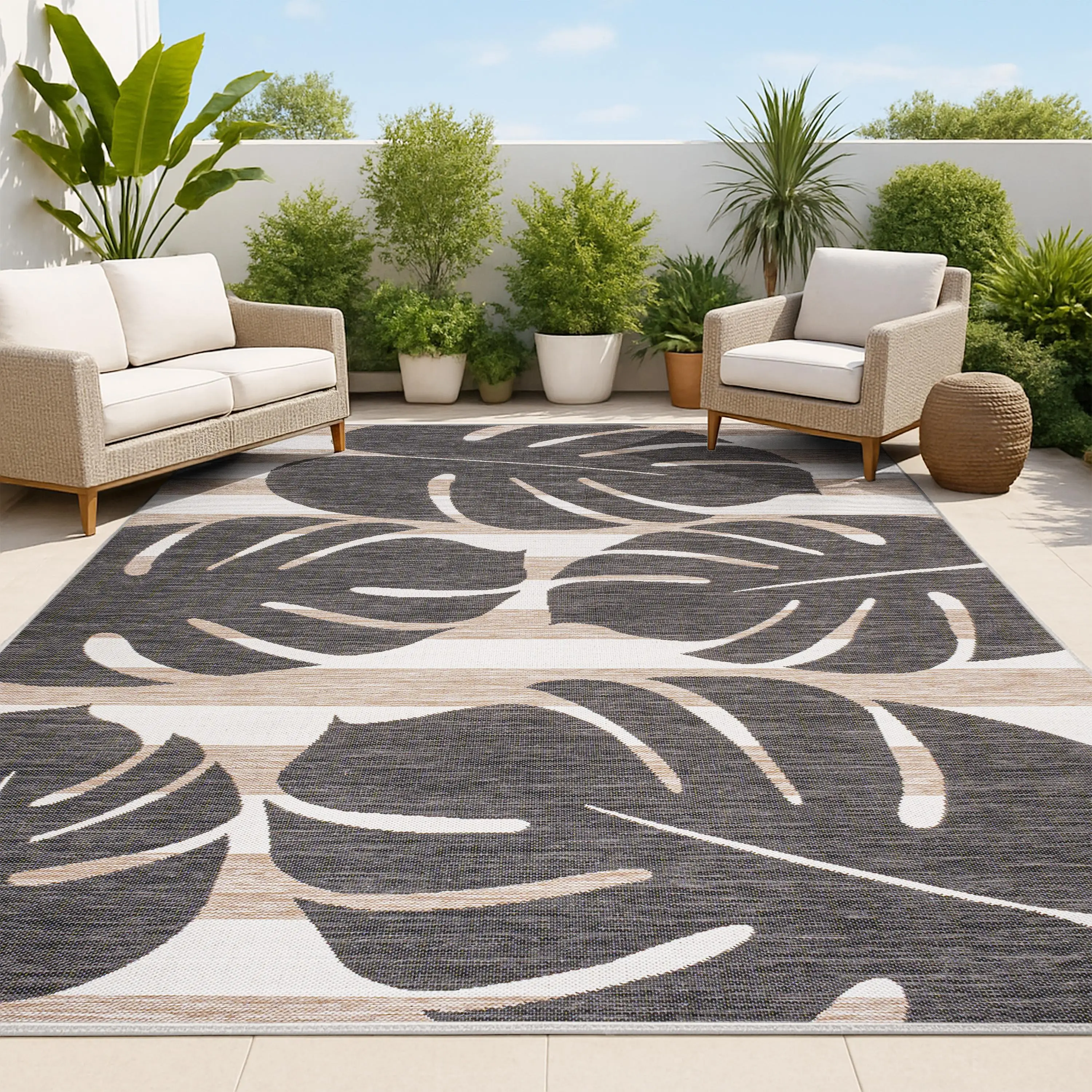 Allison Classic Beach Stripe And Monstera Leaf Indoor/Outdoor Area Rug Allison Classic Beach Stripe And Monstera Leaf Indoor/Outdoor Area Rug