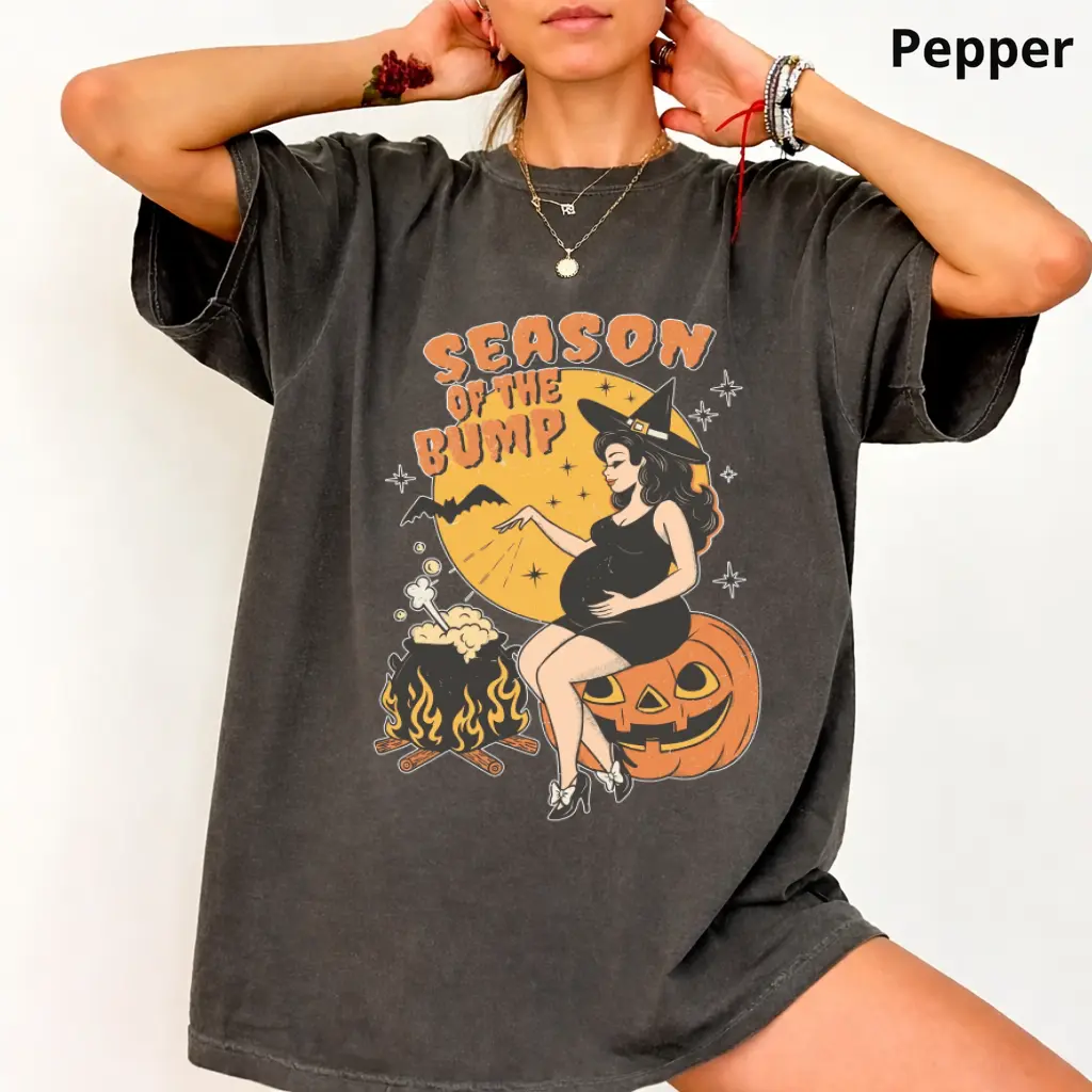 Comfort colors Season of the Bump T-Shirt, Funny Pregnant Witch Graphic Tee, Halloween Maternity Shirt, Pumpkin Pregnancy Apparel, Expecting Mom Fall Outfit, Halloween Gift for Pregnant Women