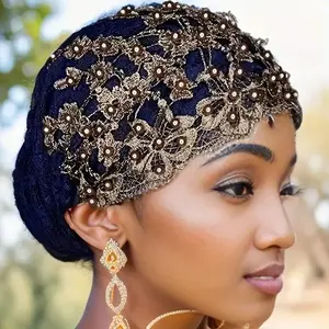 Women's Elegant Beaded Lace Turban Hat, Polyester Jacquard Head Scarf with Adjustable Drawstring for Ramadan and Chemo Wear, Adjustable Sizing