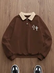 Men's Christian Cross Polo Neck Casual Fashion Sweatshirt, Loose Fit Pullover with Faux Fur Collar, Fall & Winter Streetwear