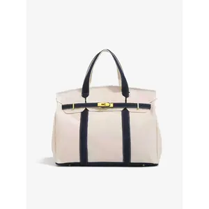 High-End Colorblock Canvas Bag, Large Capacity Commuter Tote, Casual Plain Handbag, All Seasons Versatile Shoulder Bag