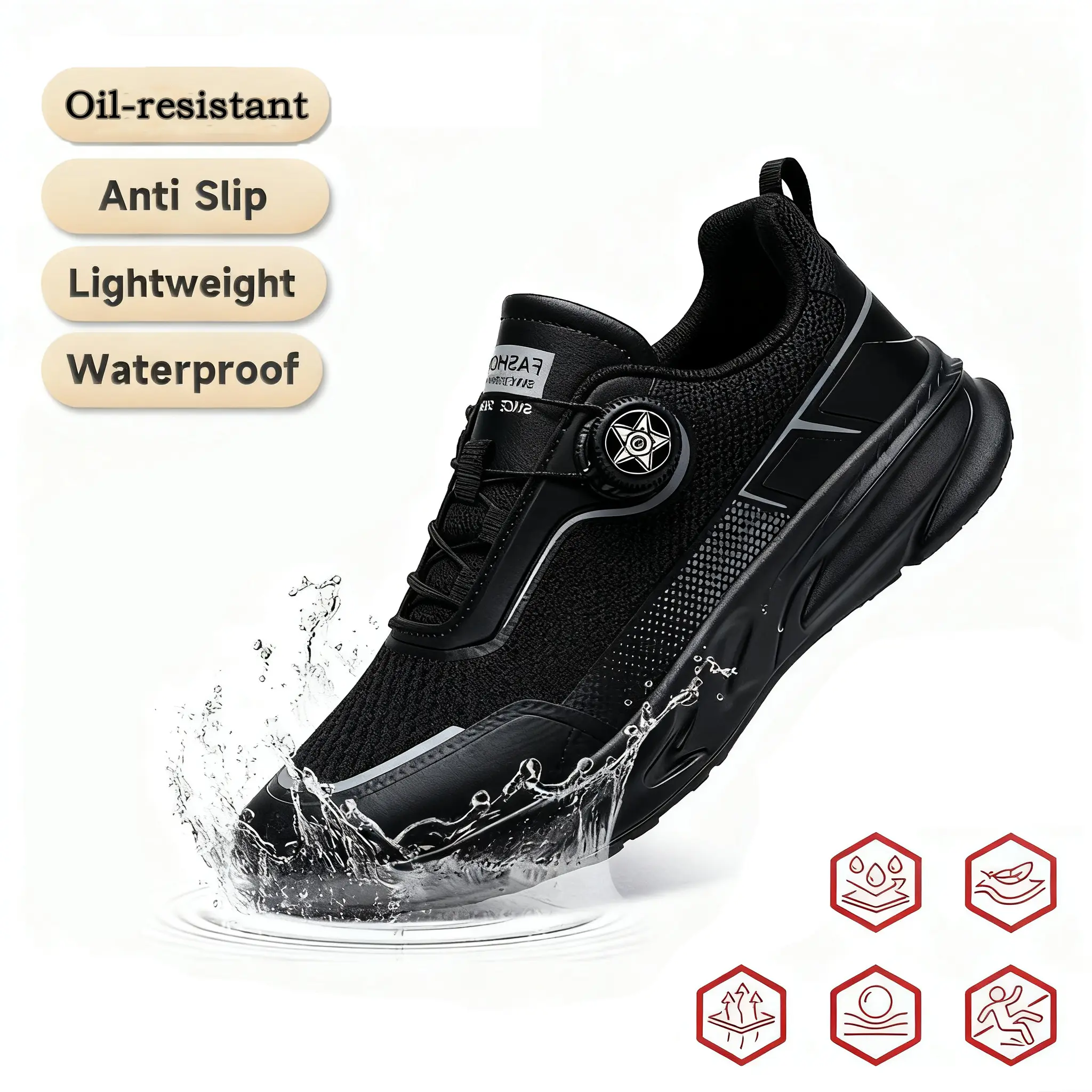 Men's work safety shoes, women's anti slip shoes, low top round toe oil resistant and waterproof PU mesh closed upper, breathable kitchen chef shoes