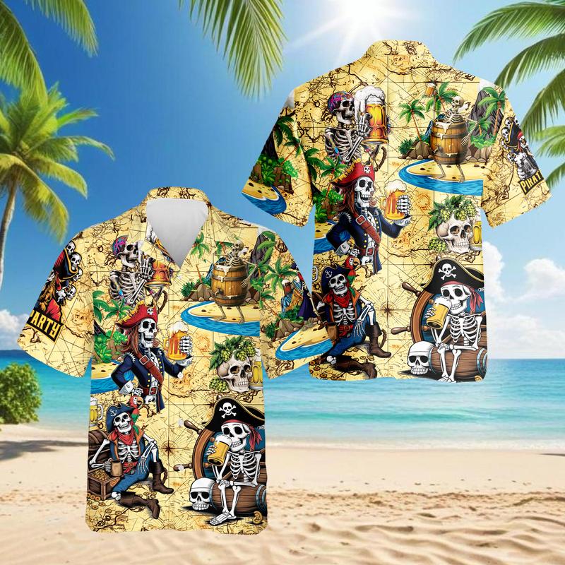 Aloha Skull Pirates Drinking Beer Hawaiian Shirt for Men, Button Down Summer Beach Short Sleeve, Hawaiian Shirt Casual Tropical