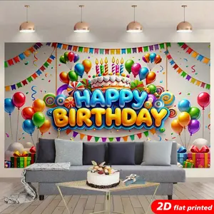 2D Flat Printed Colorful Polyester Birthday Tapestry Wall Hanging - Balloon, Cake, Candy Designs, Kids' Gift, Room Photo Booth Backdrop, Aesthetic Home Decor Curtain