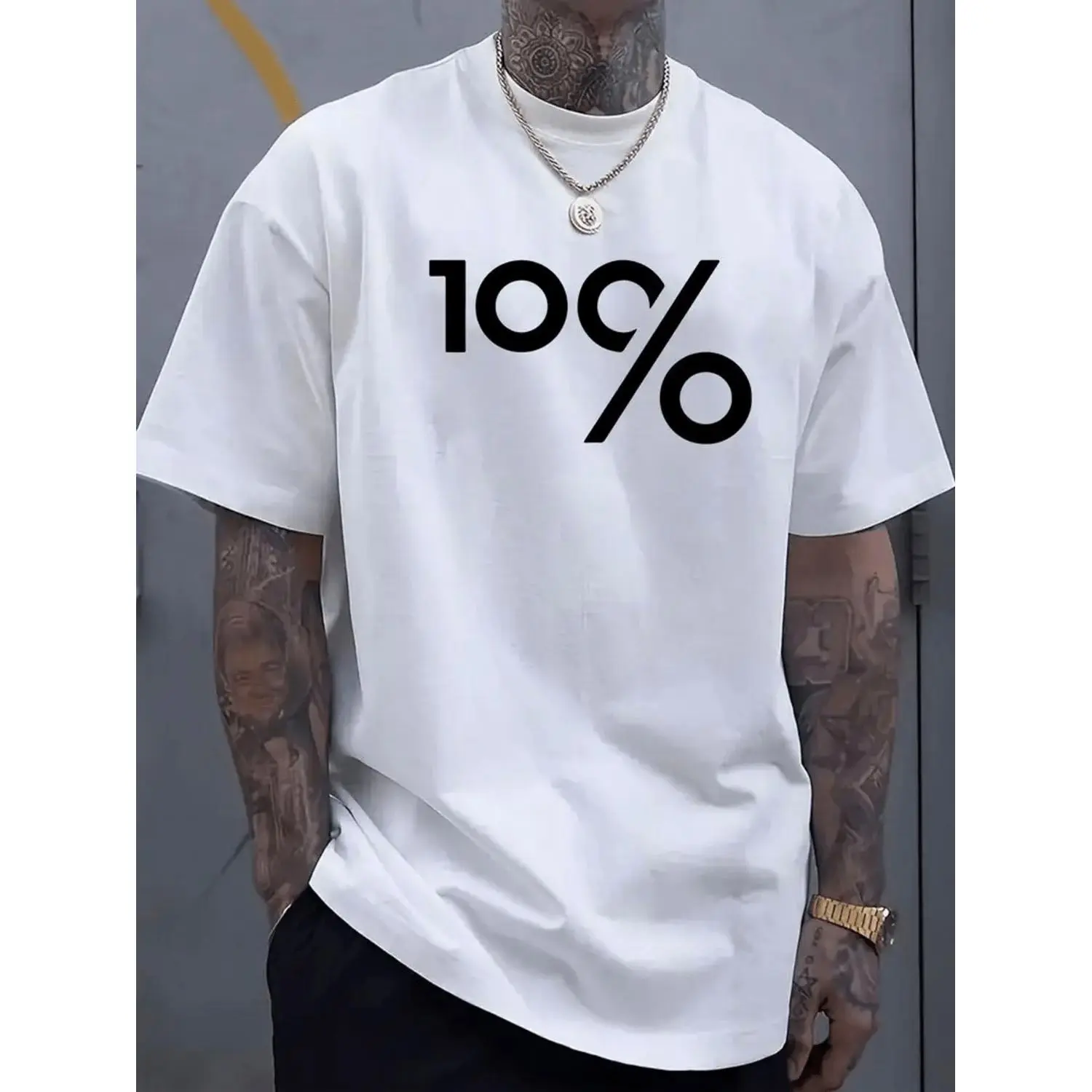 Men's Loose White Cotton T-shirt Featuring Bold Black 100 Design Thick Round Neck Streetwear Top Ideal for Casual Outfits and Tattoo Pairing