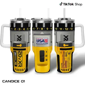 Yellow 20V Max RX Power Drill Mechanic Tumbler With Handle, 2026 Power Tool Inspired Insulated Travel Mug, Stainless Steel Metal Core Gift for Tool Lovers