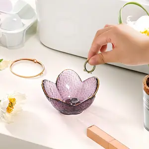 Purple Flower Jewelry Dish Glass Ring Holder Dish Jewelry Tray Cute Vanity Organizer Aesthetic Nightstand Bathroom Room Decor Trinket Dish Valentine's Friendship Christmas Birthday Gifts for Women