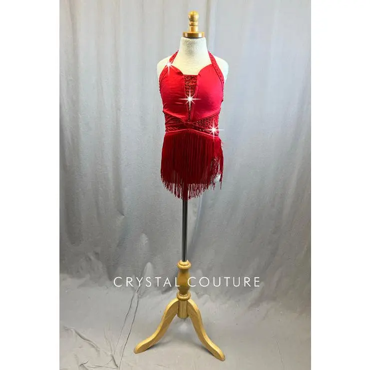 Red Halter Leotard with Fringe Skirt and Rhinestones