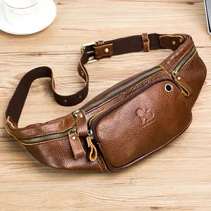 Genuine leather men's waist bag, cowhide chest bag, sporty casual style top-layer cowhide cashier bag, trendy men's waist bag, new casual small fanny pack, travel bag for mobile phones and credit cards