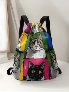 Cat Pattern Drawstring Backpack, Large Capacity Durable Gym Bag, Adjustable Straps, Sport Beach Backpack, Unisex Travel Hiking Camping Essential