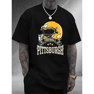 Men'S & Women'S Plus Size XL-5XL Pittsburgh Football Team Graphic T-Shirt - 100% Heavyweight 180gsm, with Yellow & Golden Team Logo & Helmet Print, Y2K Style Casual Fan Apparel for Game Day, Halloween, Christmas - Unisex Oversized Fit for Big & Tall