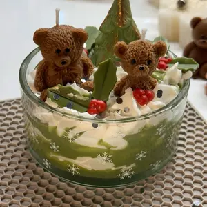 Christmas Teddy Bear Candle – Winter Dessert Candle with Holly Berries & Whipped Wax Decor Ornaments Decoration