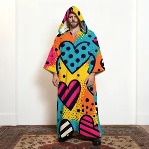 Men's Hooded Pullover Plush Abstract Heart Print Kaftan Robe, Modern Artistic Love Graphic Fleece Loungewear, Soft Brushed Cotton Long Sleeve Closed Front Home Robe, Unisex Sleepwear for Men