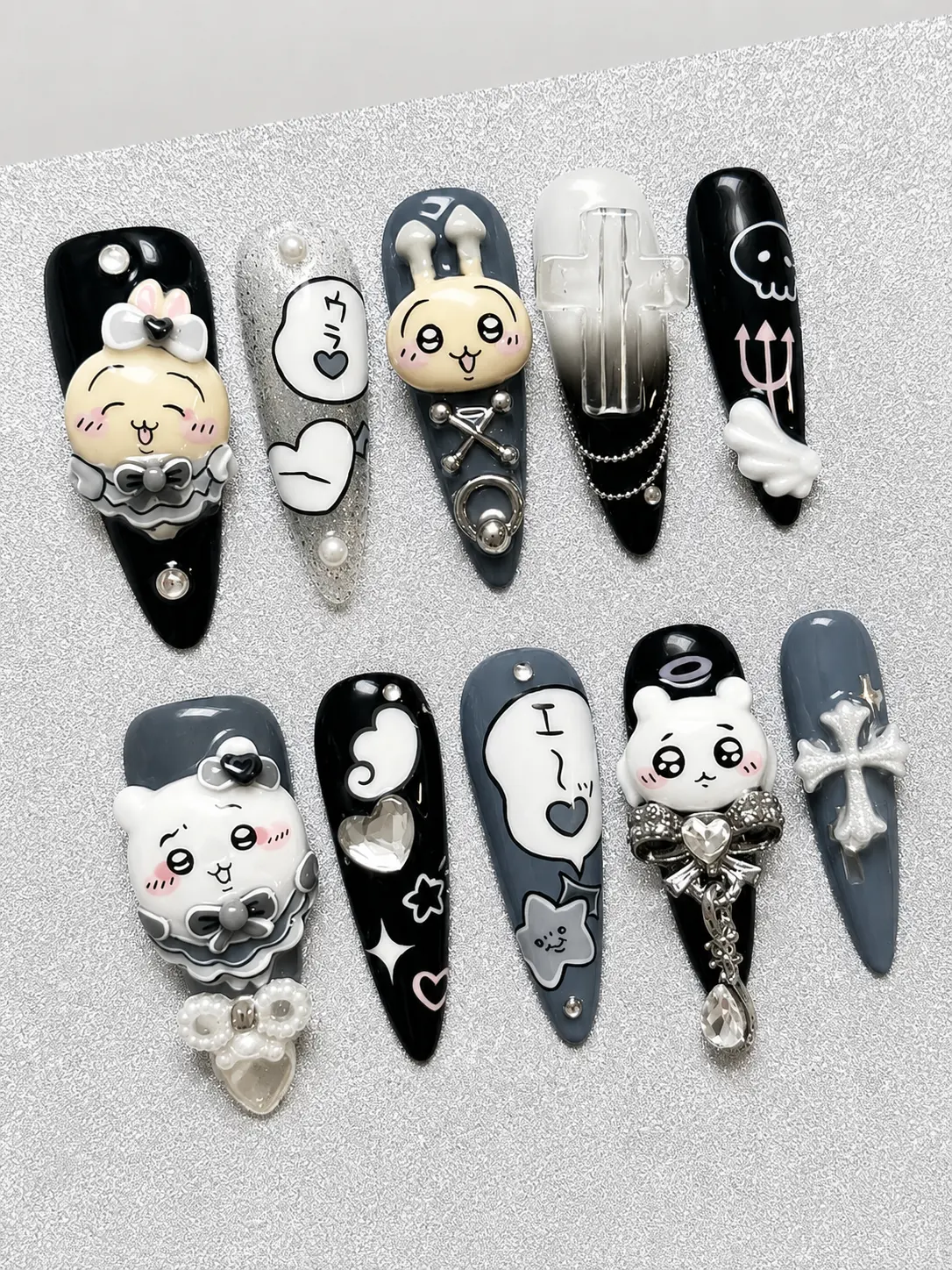 Gothic Kawaii Chiikawa Press On Nails | Handmade 3D Character Nails | Black Grey Cute Goth Nail Art | RRU-Usagi-io Ch-Hachiware-ee Luxury Stiletto Press-On Nails with Gift Set (Adhesive Tabs, Nail File, Cuticle Stick)