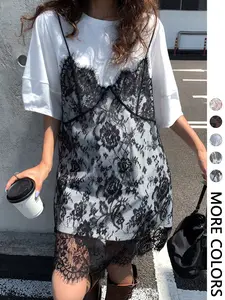 Women’s Lace Patchwork T-Shirt Dress, Crew Neck Short Sleeve Loose Fit Summer Dress for Casual Daily Wear