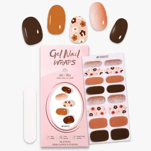 16 tips Semi Cured Gel Nail Strips, Simple Color Jumping Flower Gradient Glitter Self-Adhesive Gel Nail Full Wraps, Salon Quality, Easy to Manicure, Suitable for Women's Dating/Banquet/Party DIY Nail Supplies Nail Stickers