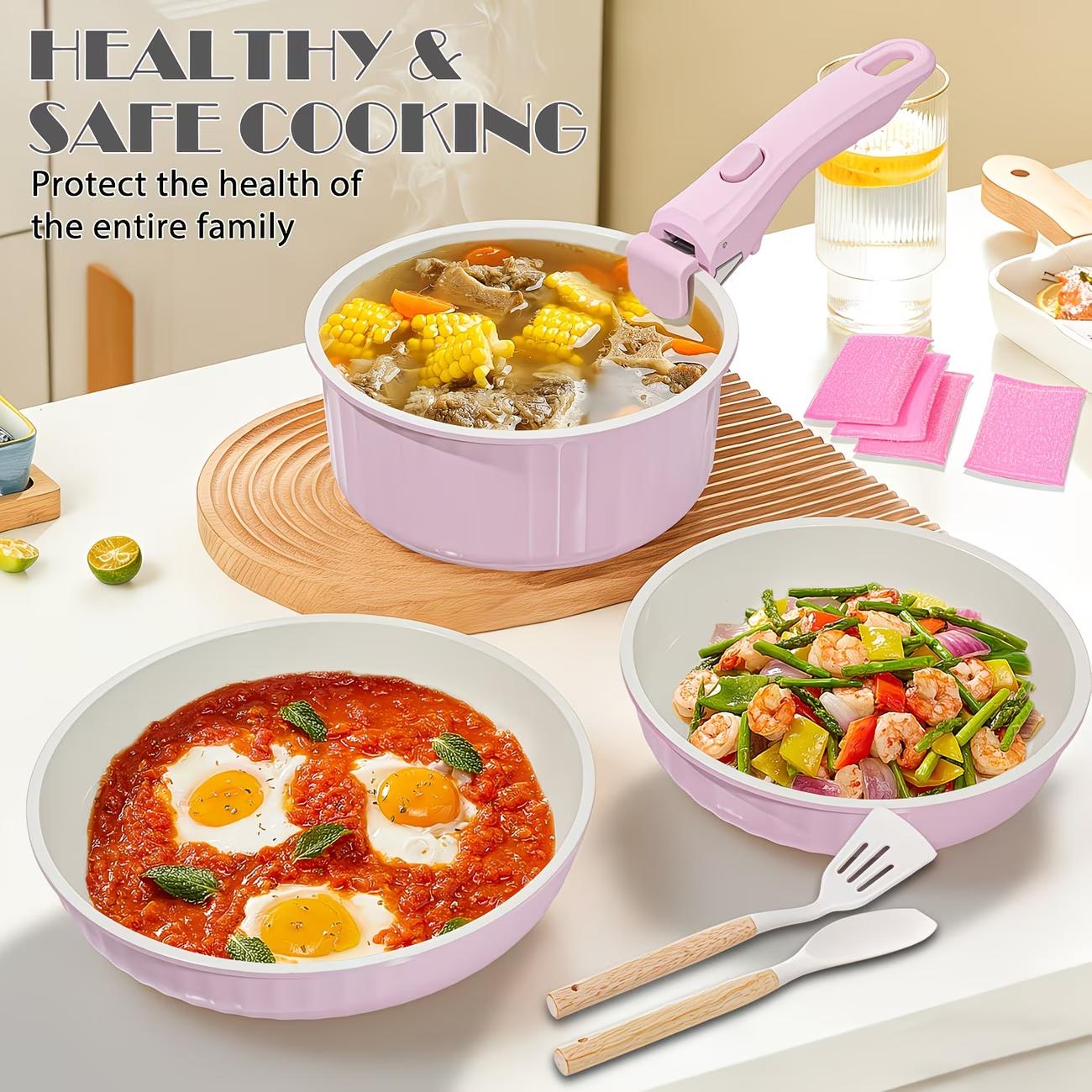 Set of 11 Ceramic Nonstick Cookware Including Pots And Pans with Detachable Handles, Safe for RV Kitchens, Suitable for Oven And Dishwasher Use, Stackable, Induction Compatible, Featuring Frying Pans And Saucepans in Beige,