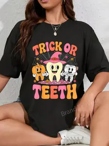 100% Cotton Unisex Halloween Dentist Dental Hygienist Assistant Trick Or Teeth T-Shirt Vingate Printed Casual Round Neck T shirt