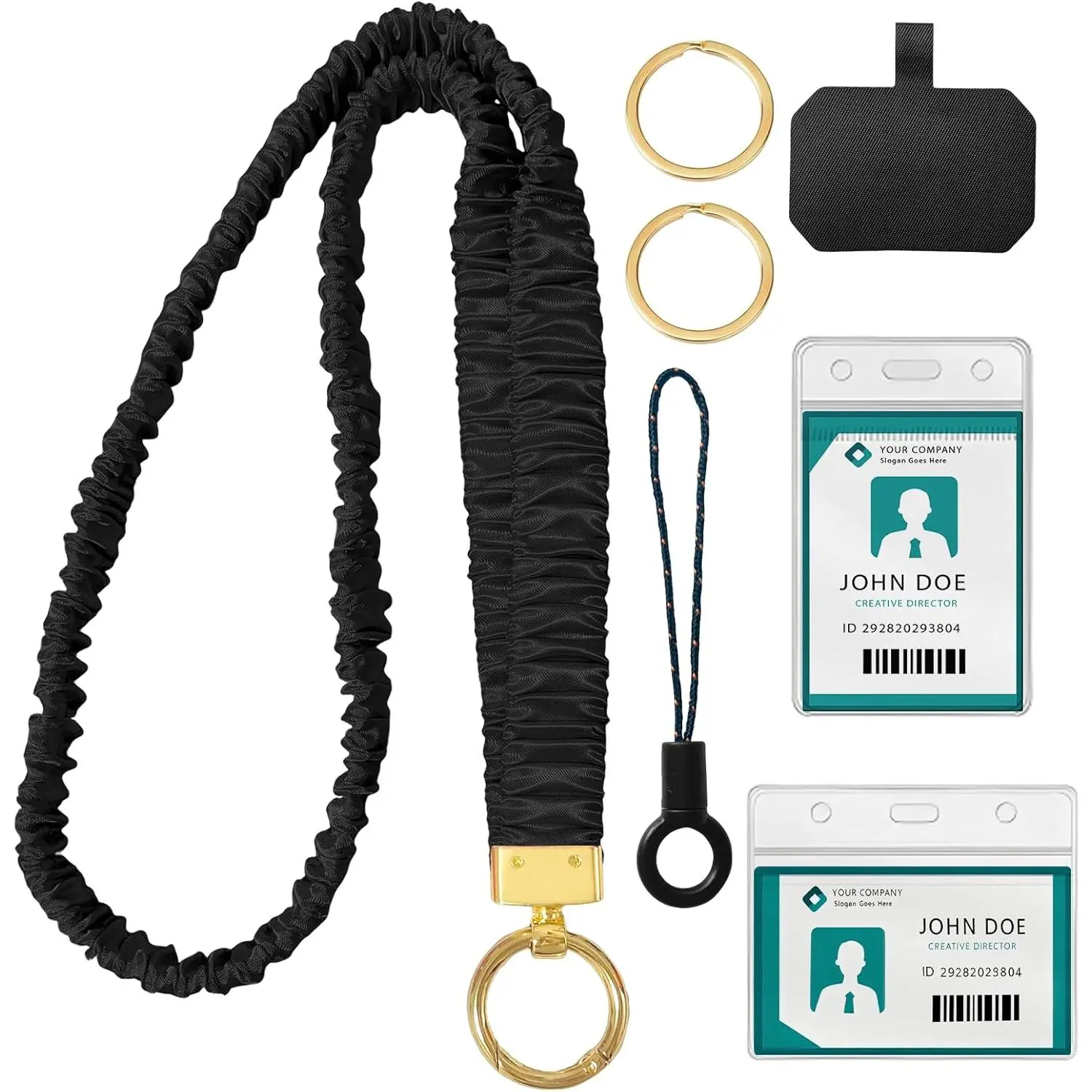 Stretchy Scrunchie Lanyard for ID Badges Holder, Cute Retractable  Strap for  for Women Teacher, Nurse,  Office Employees Women, with 2 Card Holders 19 Inch (Black)