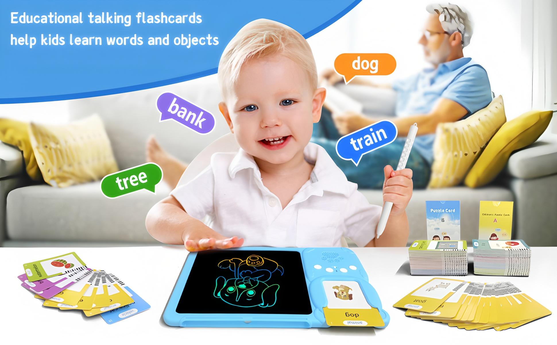 KIDGENIUS 3-in-1 LCD Writing Tablet with Quick Eraser Button & 510 Vocabulary Flash Cards for English & Spanish Learning - Ideal Home Tutor Gift Animal Toddler Charging Durable Portable Rechargeable Screen