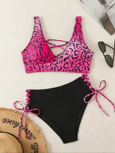 Women's Leopard Print Lace Up Bikini Set, Casual V Neck Swim Top & High Waist Swim Bottom, Ladies Swimsuit for Beach Holiday Vacation