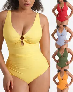 FeelinGirl One Piece Swimsuit Womenwear Plus Size Plain Color High Cut with Removable Pads Summer New Arrivals