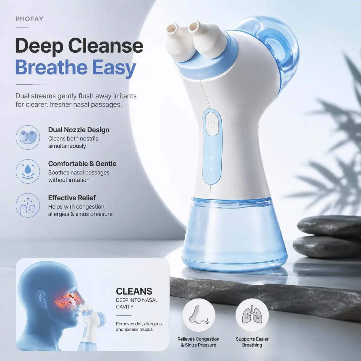 PHOFAY N5290 Nasal Irrigator Premium Bundle with 30 Salt Pods and Caddy Complete Sinus Rinse Kit Electric Nasal Cleaner Adjustable Pressure 0-10psi 2 Flow Modes USB Powered for Congestion Hay Fever Allergy Sinus Relief Daily Nose Care
