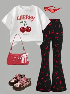 Women's Cherry Print Top & Bell Bottoms Piece Set, Outfit, Casual Loose Fit, Style, Perfect for Spring Summer Fall, Ideal for Outdoor Activities, Clothes