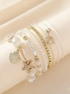 Women's Boho Shell and Starfish Bracelet Set, Beautiful Bracelets, Trendy Faux Pearl Jewelry, Handmade Beach-Style Accessory for Parties and Vacations