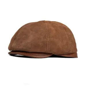 Lukkizara Men's Leather Newsboy Cap Cabbie Beret Real Leather Flat Hat Vitage Style Ascot Hat
