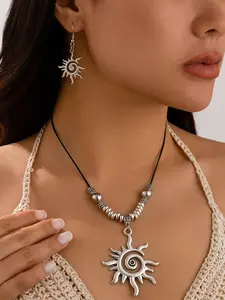 Vintage Geometric Hollow Out Detail Sun Necklace Earrings Set, Trendy Multifunctional Geometric Design Jewelry for Summer Beach, Sweet Cool Accessories