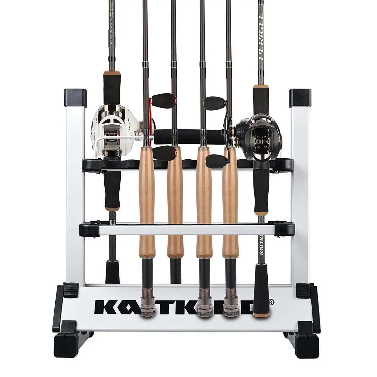 Square Fishing Rod Rack with Distressed Barn Wood Finish - Rotatable Storage Organizer with Exclusive Track System and Ball Bearings, Rustic Look, Square Shape, Distressed Finish