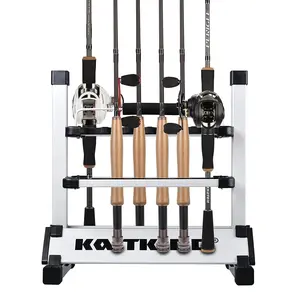 Distressed Square Rod Rack, Rotating Barn Wood Inspired Fishing Pole Organizer with Exclusive Track System and Secure Rubber Clips, 16.7 Lbs