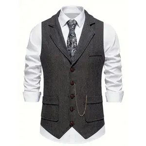 Men's Herringbone Tweed Single-Breasted Lapel Vest with Chain Detail - Stylish Brown Suit Vest for Business or Formal Occasions, Machine Washable, Stylish Layering Piece | Notched Lapel Design | Polyester Blend Vest