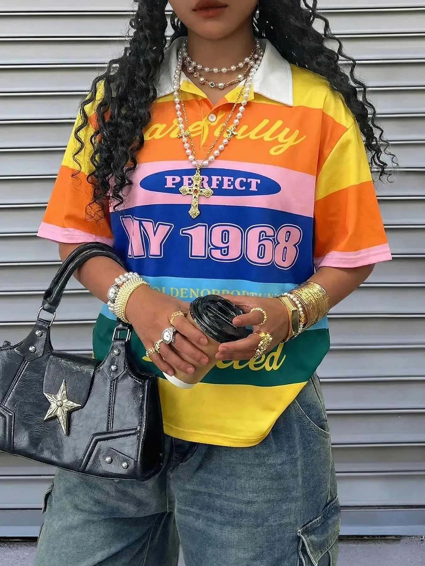 Women's Rainbow Colorblock Striped Polo Shirt, 1968 Print American Font, Loose Fit, Vintage Style, Casual Streetwear, Spring Summer, Vibe, Oversized, Top