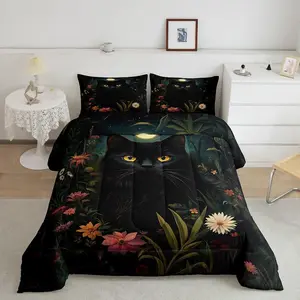 Black Cat Kids Comforter Set,Gothic Moon Night Bedding Set for Boys Girls Teens Youth Children,Wild Cat Jungle   Quilt Set,Watercolor Flowers Leaves Duvet Insert