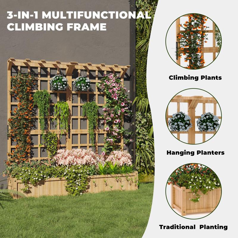 Two-Tier Wooden Planter Box with Trellis for Outdoor Gardens, Elevated Raised Bed for Flowers and Vegetables, 1.4 ft Deep Planter with Hanging Roof
