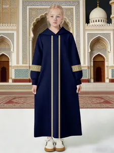 Girls' Blue Hooded Abaya Robe, Twin Stripe Ethnic Embroidery, Muslim Ramadan Casual Dress, Long Sleeve, Comfortable Fit