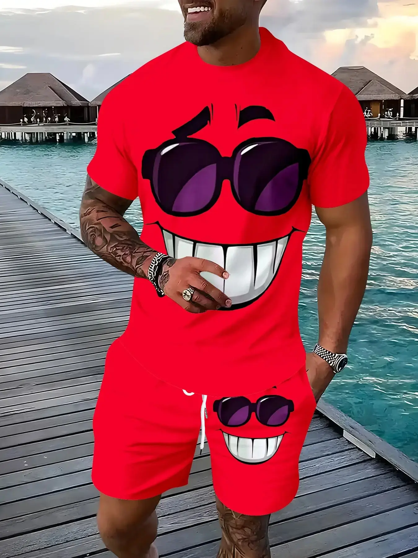 Men's Casual Home & Set, Fun Fashion Glasses, Happy Expression Print Short Sleeve T-Shirt & Shorts, Trendy Tropical Outdoor 2-Piece Outfit Set