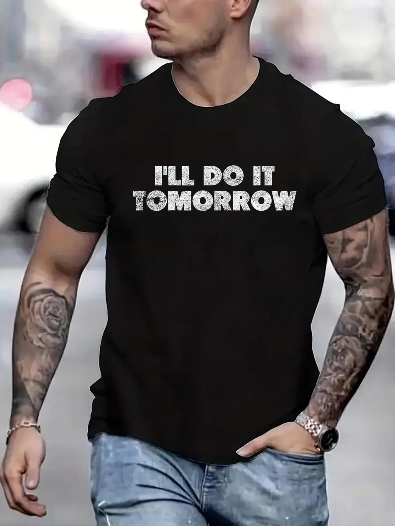 100% cotton I'll Do It Tomorrow Funny Procrastinator Distressed Printed T-shirt, Short-sleeved Crew Neck Casual Top, Suitable For All Seasons, Men's Wear