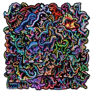 56 Pcs Cute Neon Dinosaur Sticker Pack, Creative Craft Kit, Classroom Rewards Prizes for Kids, Waterproof Vinyl Stickers for Water Bottles Scrapbook Journal Notesbook Bento Boxes Skateboard Cup etc